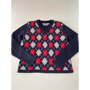 Vintage Tommy Hilfiger Argyle V‑Neck Knit Sweater (100% Cotton) Women’s Size L